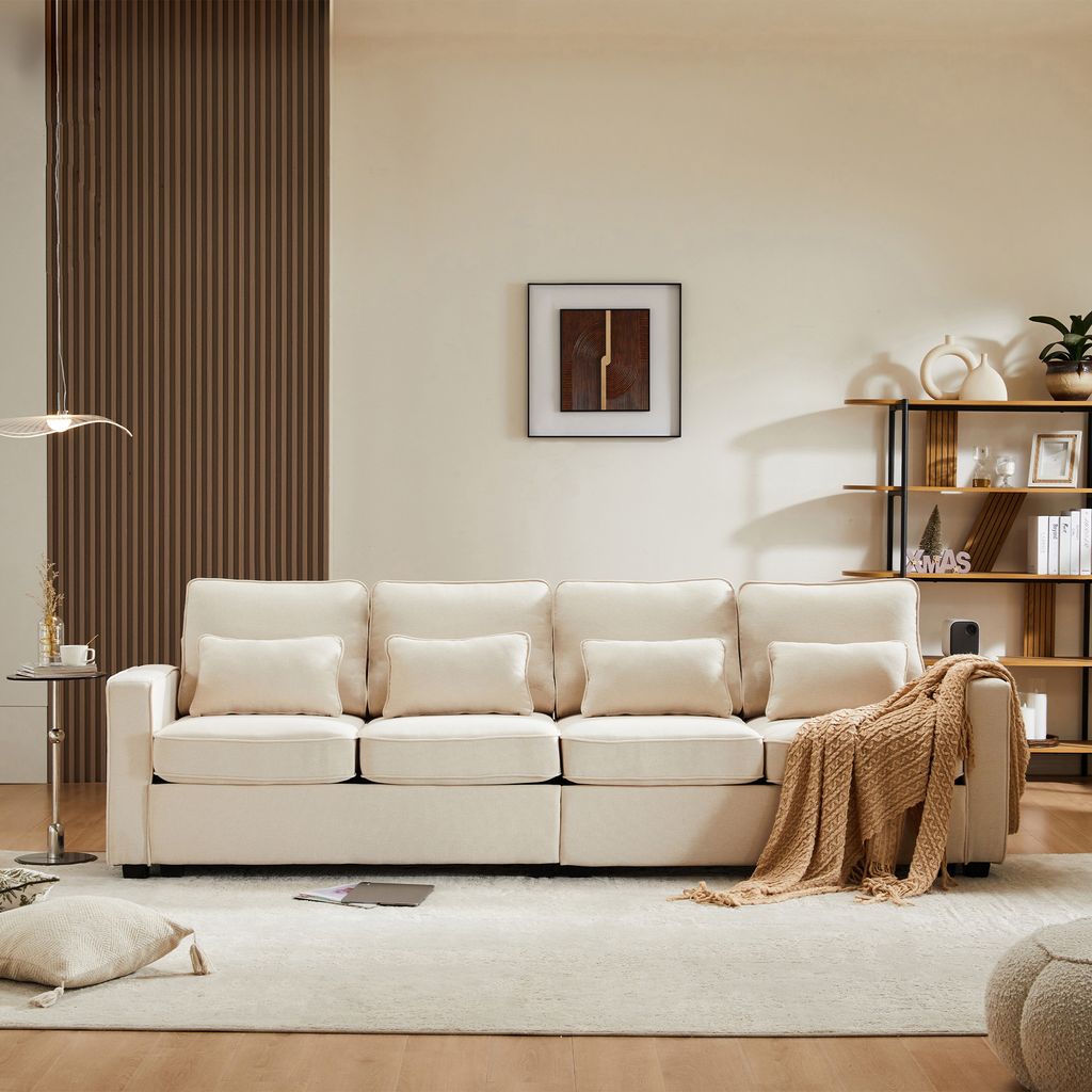 Sweiko Modernes 4-Sitzer-Sofa aus Leinenstoff, Viersitzer-Sofa mit Armlehnentaschen und 4 Kissen, Sofa im einfachen Stil, geeignet für Wohnzimmer,...