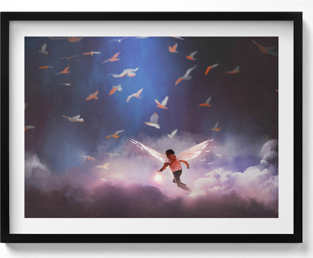 Junge mit Engelsflügeln– Wandbild mit Rahmen – Gerahmtes Bild – Wanddekoration – 80x60 cm – Schwarz Rahmen