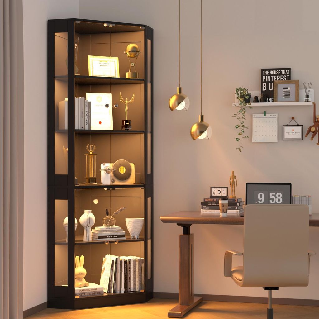 VOWNER Ecke Vitrine mit Glastüren,205cm Beleuchtete Ausstellungsvitrine,3 Farblichter für Sammlerstücke,Bücher,5Regalböden mit Bewegungssensor...