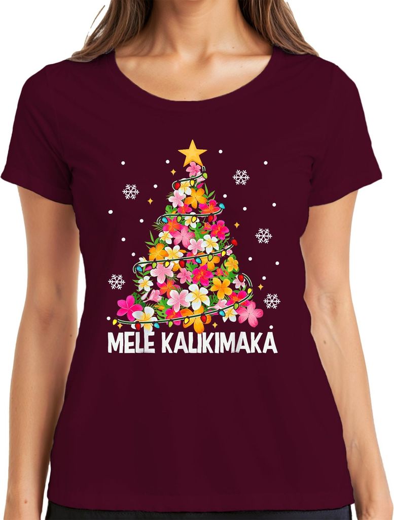 MELE KALIKIMAKA Hawaiian Weihnachten Plumeria Tropisch Strand Damen T-Shirt, Burgundy, XXL
