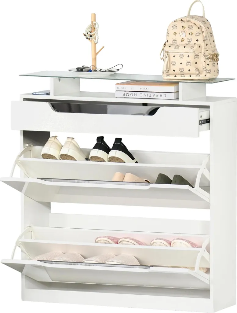 Rangement chaussures entrée 16 paires, armoire blanche avec tiroirs