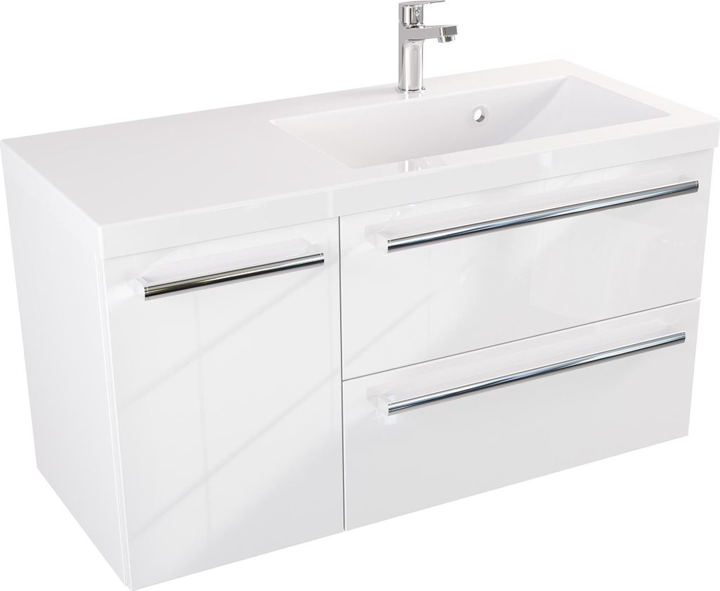 FURNI Waschtischunterschrank ATH 90 cm - Weiß Hochglanz - Hängender Badschrank mit Mineralguss-Waschbecken - Griffe - Vormontiert