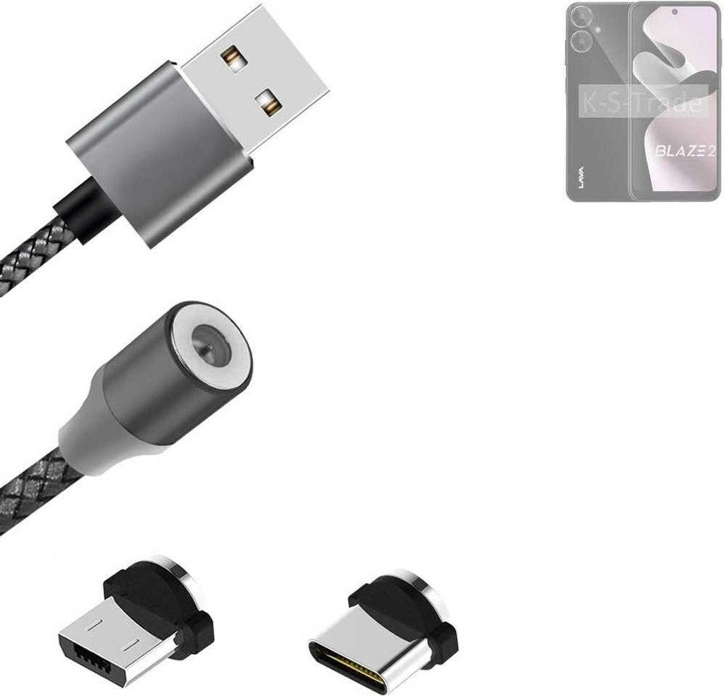 K-S-Trade Hochwertiges Magnet-Lade-kabel Sync-Kabel Daten-Kabel für Lava Blaze 2 mit USB-Typ-C-Anschluss und Micro-USB-Anschluss 2A bis zu 480mbps