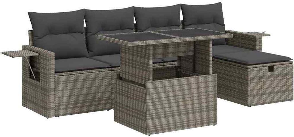 6-tlg. Garten-Sofagarnitur mit Kissen Grau Poly Rattan