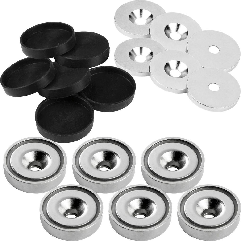 vasalat Topfmagnet mit Bohrung, Magnet mit Metallscheiben und Gummi-Kappen, Rundmagnet ø 25mm, Neodym vernickelt 18-teilig