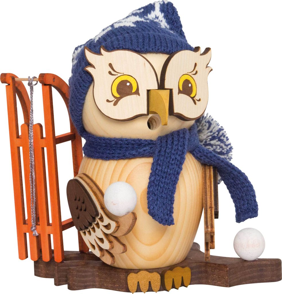 Drechslerei Kuhnert - Räucherfigur Eule mit Schlitten - Größe ca. 15cm, für Räucherkerzen Größe M (Standard) - 37221