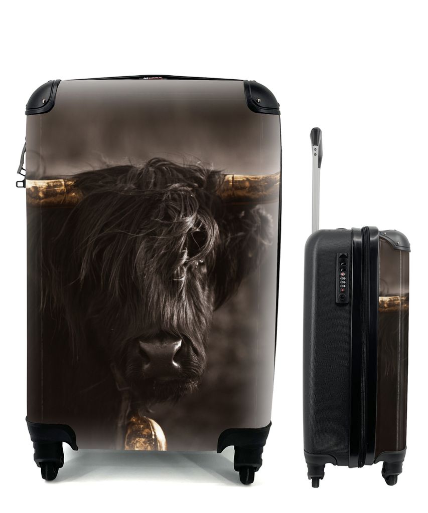 MuchoWow Koffer Handgepäck Trolley Rollkoffer Kleine Reisekoffer mit 4 Rollen - Schottischer Highlander - Glocke - Gold - Cabin Size < 55x40x23 ...