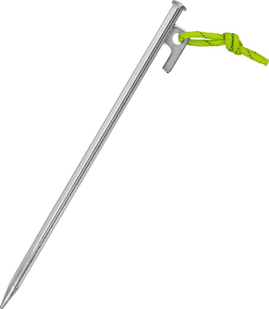 Zelthering 1 Stk. 30 cm mit P-Haken und einem Stück fluoreszierender Leine - stabiler Hering aus verzinktem Stahl, 9 mm Ø, für harten Boden, Cam...