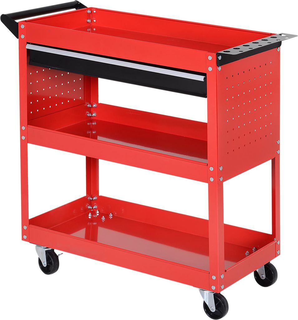 Werkzeugkoffer, Werkzeugtrolley, Werkzeugbox, 3 Ebenen, 4 Rollen, Metall, 82 x 35 x 76 cm, Rot
