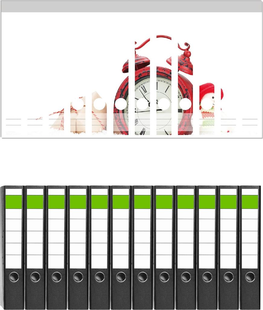 Wallario 12 Stück schmale Ordner inkl. Klebeetiketten mit Motive Wecker mit Schneemann und Geschenken - Set mit Rückenschildern / Ordnerrücken S...