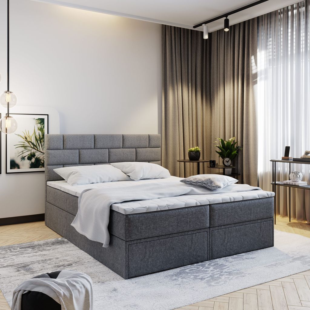 Masseno Boxspringbett ARINOS 140x200 cm Komplett-Set mit Bonell Matratze und Topper, Polsterbett mit Bettkästen -Grau, INARI 96