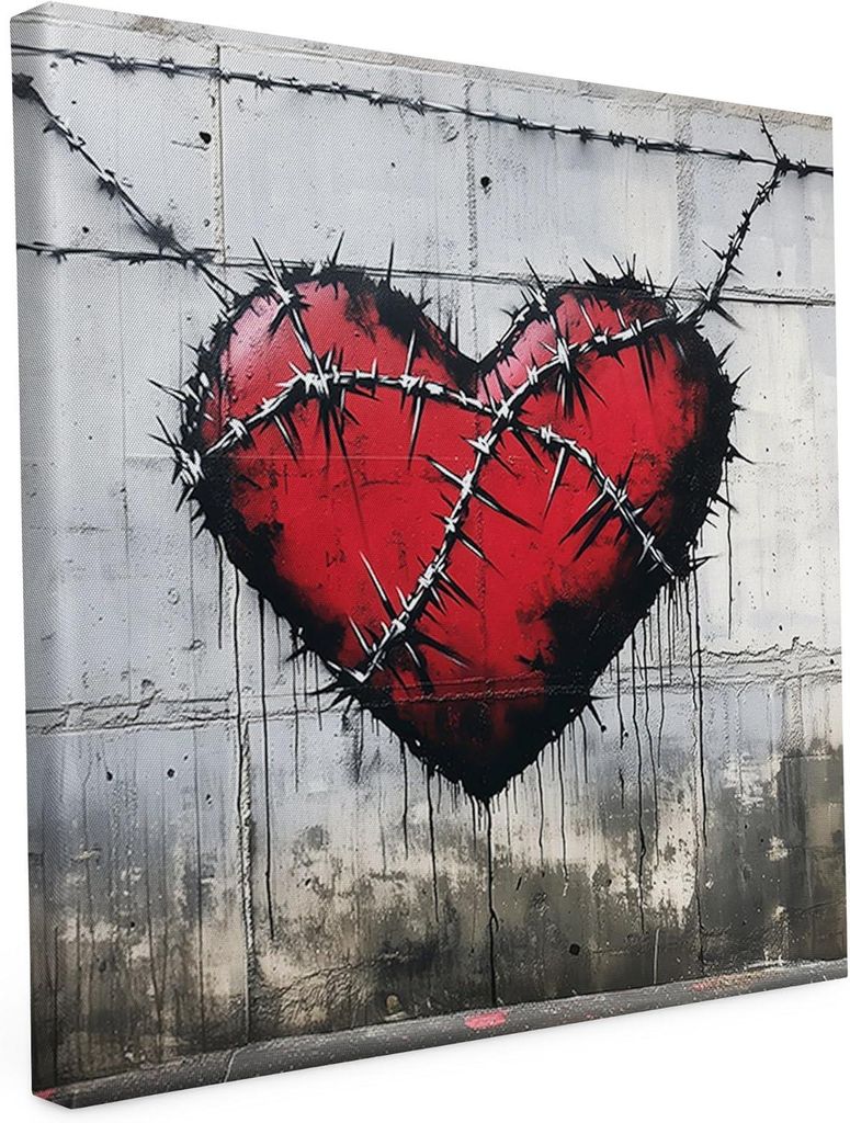 Banksy Motiv - Herzschmerz - 20 x 20 cm - Wandbild auf Leinwand - matter Kunstdruck - Graffiti - Street Art - 2cm Holzrahmen - Keilrahmen bedruckt