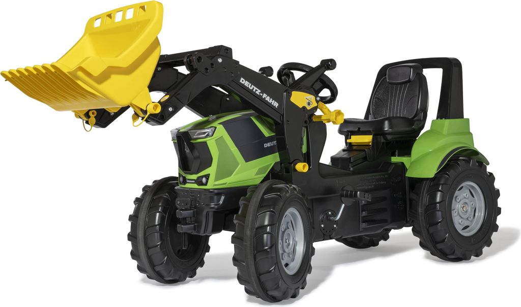 A toy tractor with a front loader, shown from a three-quarter front angle against a white background.