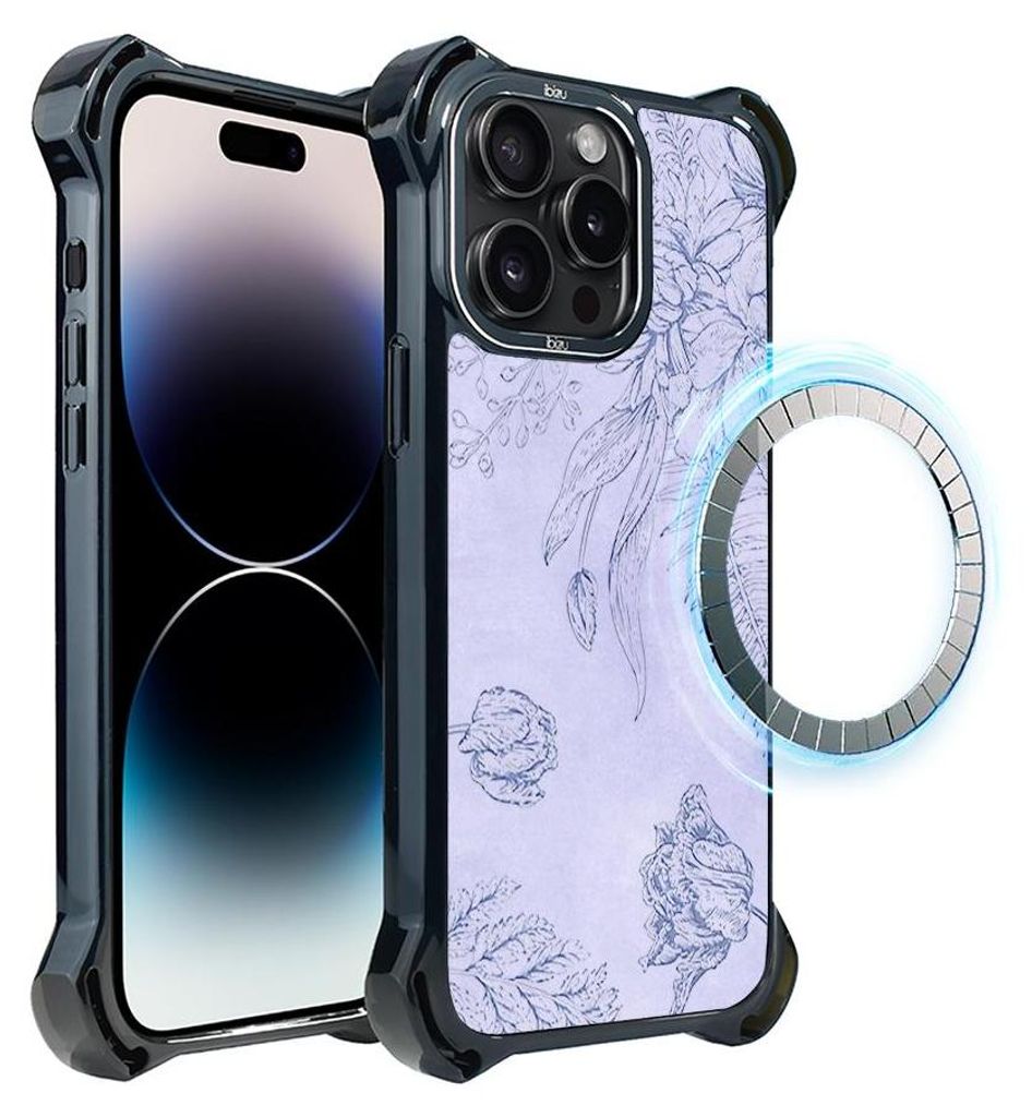Schutzhülle für das iPhone 14 Pro, MagSafe-kompatibel, verstärkte Ecken, schwarz, Blumen, violett