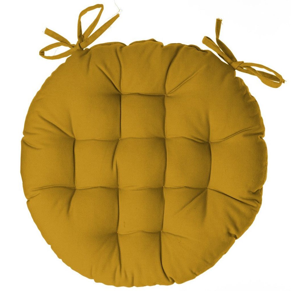 A round, mustard yellow seat cushion with ties, shown from a top-down perspective against a white background.