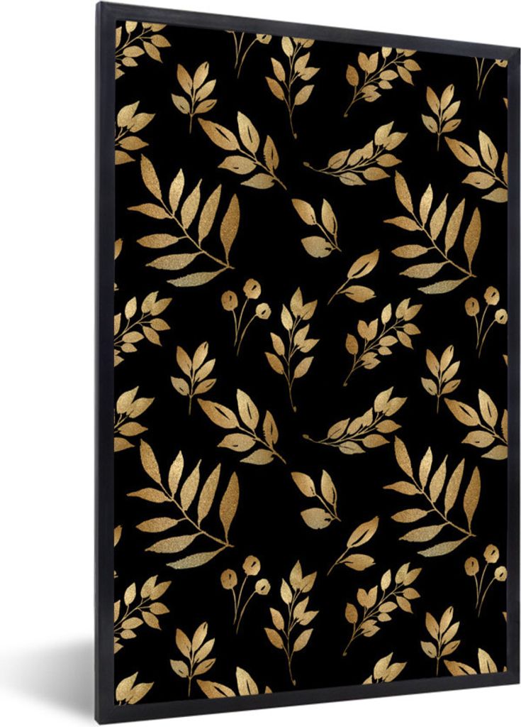 MuchoWow MuchoWow Gerahmtes Poster Muster - Blätter - Gold 20x30 cm - Poster mit zchwarzem Bilderrahmen - Drucken - Bilder Poster im Rahmen