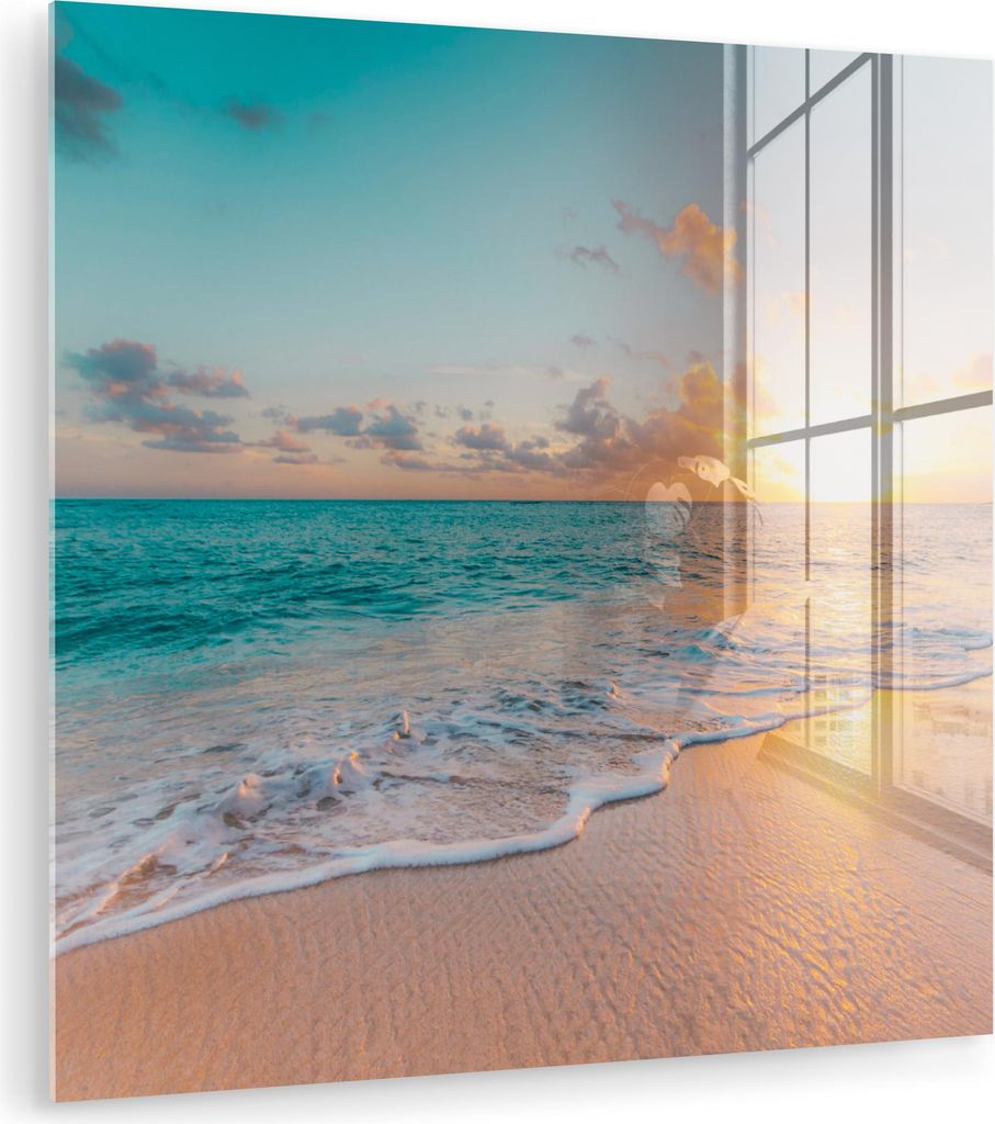 MuchoWow Glasbilder - Bilder auf Wandbild - Foto auf Glas Sonnenuntergang - Strand - Meer - Sommer - Blau 90x90 cm Wanddekoration aus Glas - Acrylg...