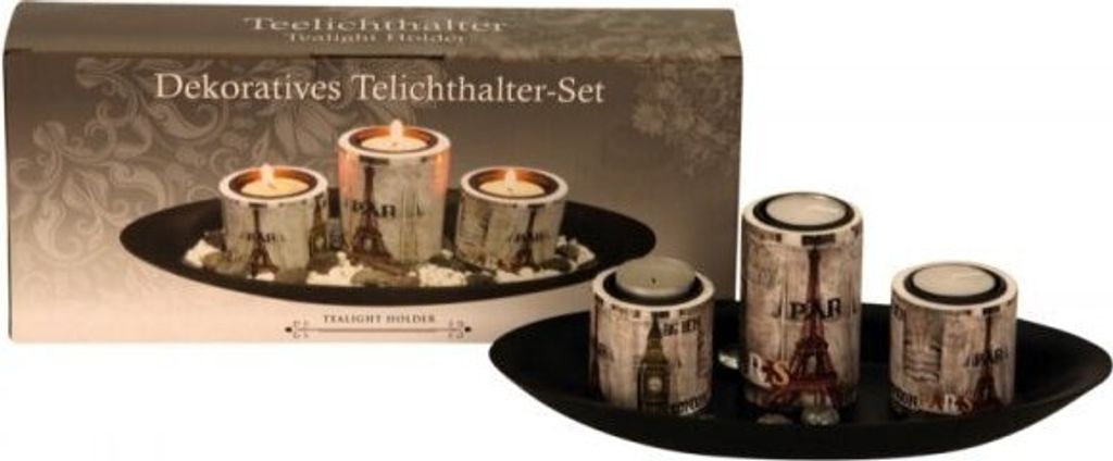 4 tlg Set Tischdekoration Städte Design mit Platte 29 x 15 cm Teelichthalter NEU