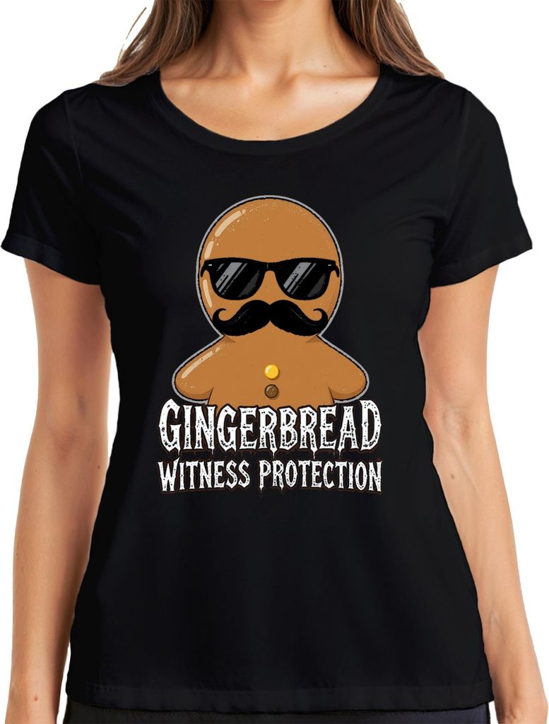 Gingerbread Witness Protection Weihnachten lustig Schnurrbart Damen T-Shirt, Schwarz, S