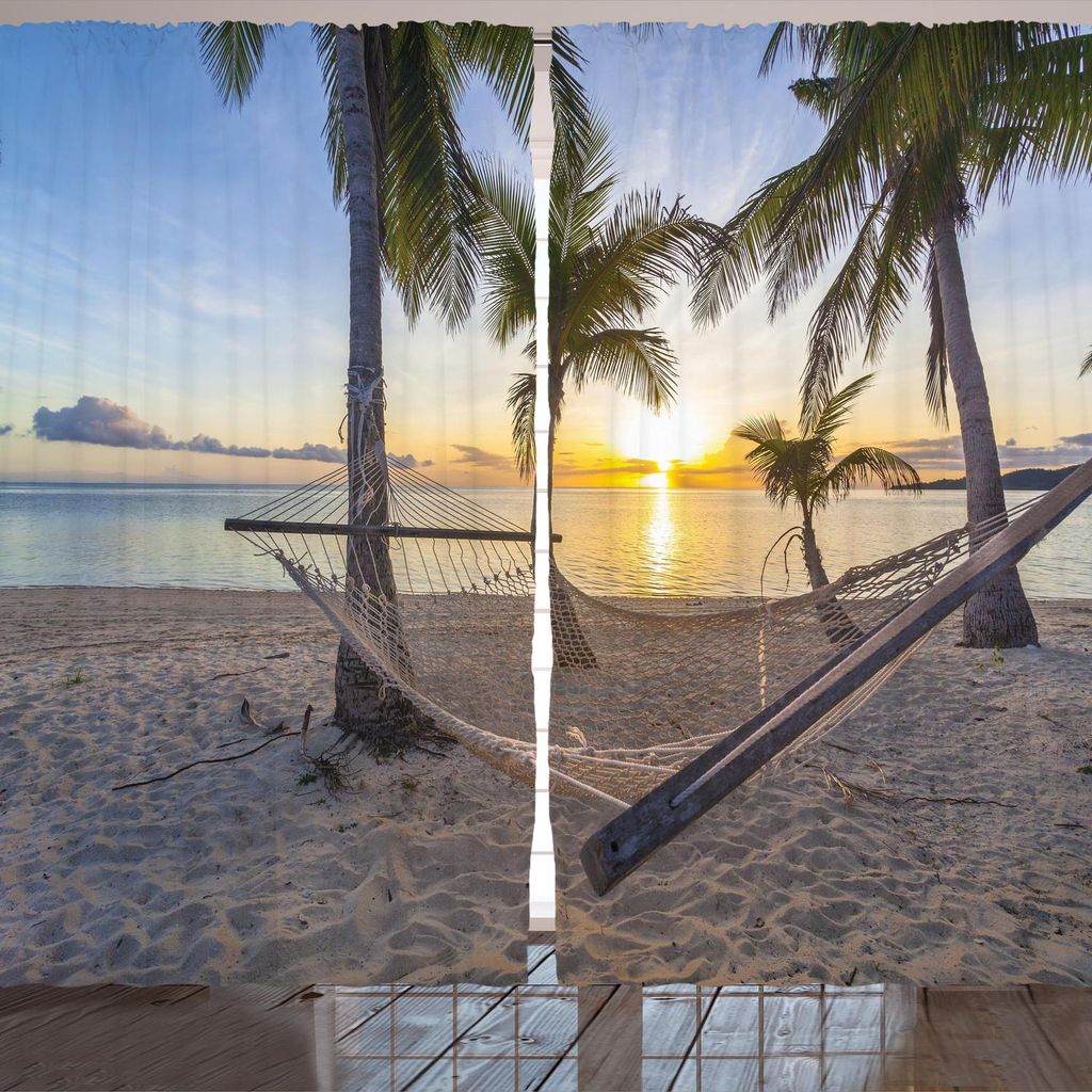 ARANDE Tropisch Gardine, Paradies Strand mit Hängematte und Kokosnuss Palmen Exotisch Landschaftliches Foto, 280 x 260 cm, Mehrfarbig