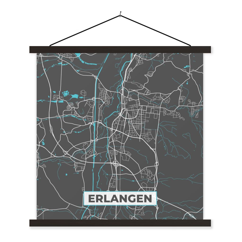 MuchoWow Textilposter Deutschland - Blau - Erlangen - Stadtplan - Karte 40x40 cm mit schwarzem Rahmen - Fotos