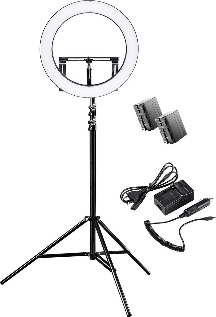 Walimex pro LED Ringleuchte 500 Bi-Color Set inkl. Stativ & Akku, dimmbares Ringlicht 32 W, Leuchtring mit einzeln schaltbaren Sektoren, Selfie Lic...