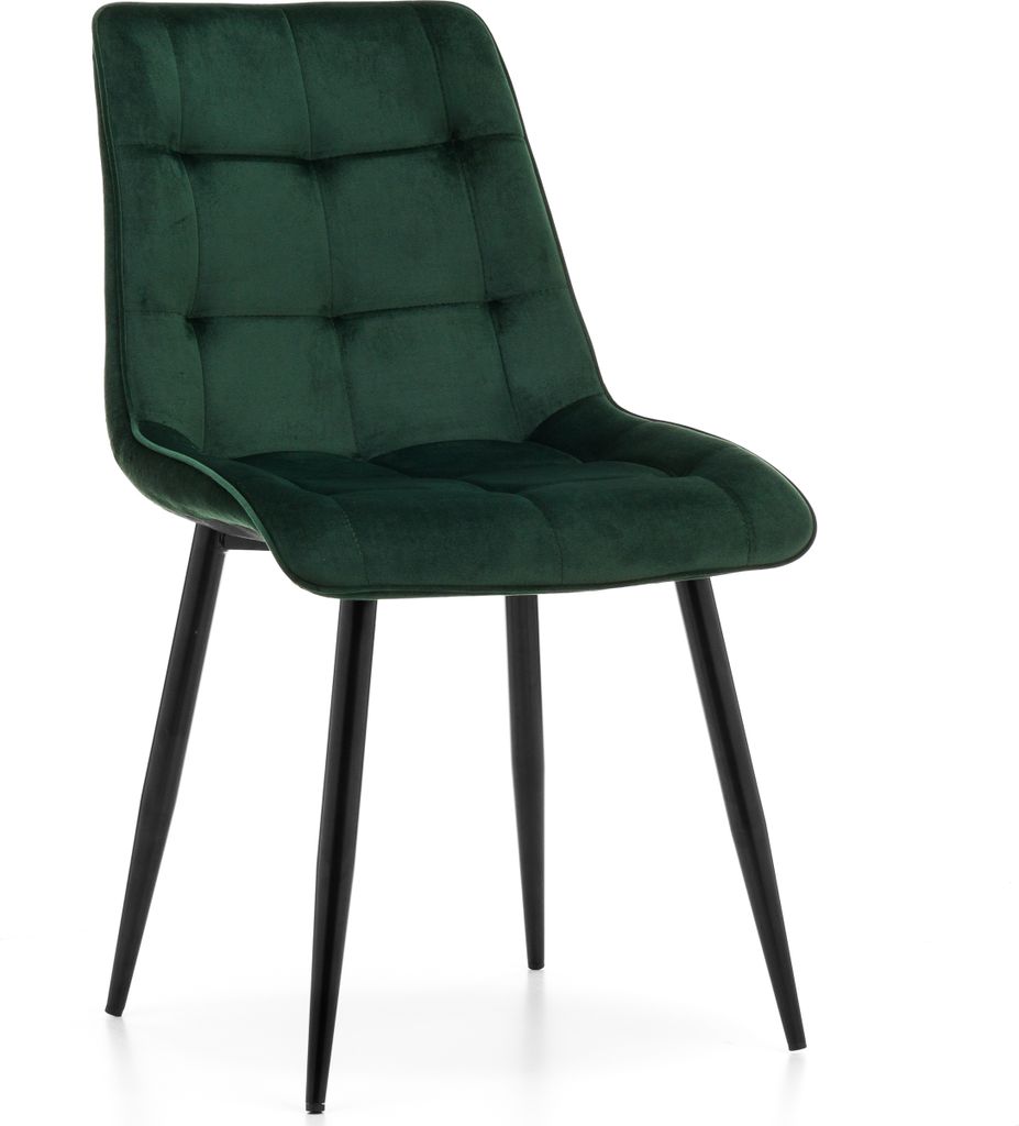 A single green upholstered chair with black legs, presented against a white background.