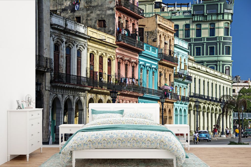 MuchoWow Fototapete für Wohnzimmer oder Schlafzimmer Wandtapete Vinyl Motivtapete Bunte kubanische Gebäude in der Stadt Havanna - 525x350 cm - ...