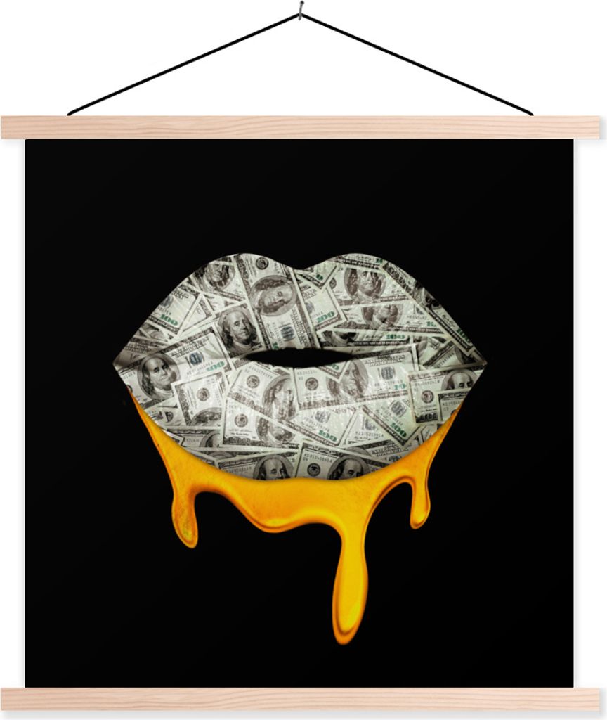 MuchoWow Textilposter Lippen - Geld - Schwarz - Weiß 40x40 cm mit holzfarbenen Rahmen - Posterleiste