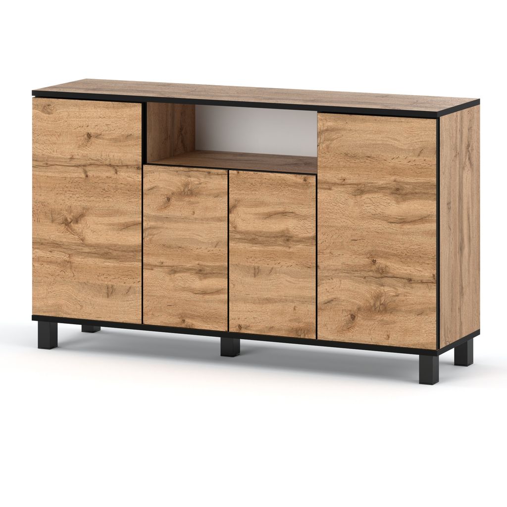 STIV Möbel | Kommode 140x35x80 cm Eiche Wotan | 4 Türen | Wohnzimmer Schlafzimmer Flur | Modernes Design