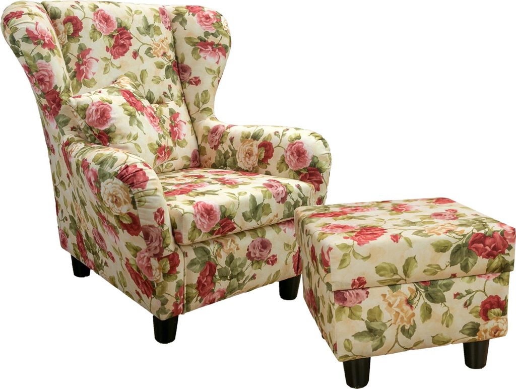 Ohrensessel mit Hocker Landhaus Polster-, TV-, Lesesessel Blumenmuster-Webstoff / 18004