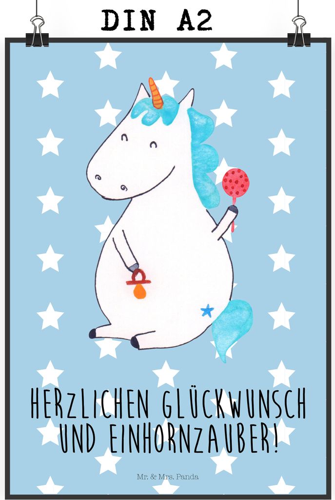 Mr. & Mrs. Panda Bild Einhorn Baby DIN A2 - Blau Pastell - Produktbild 