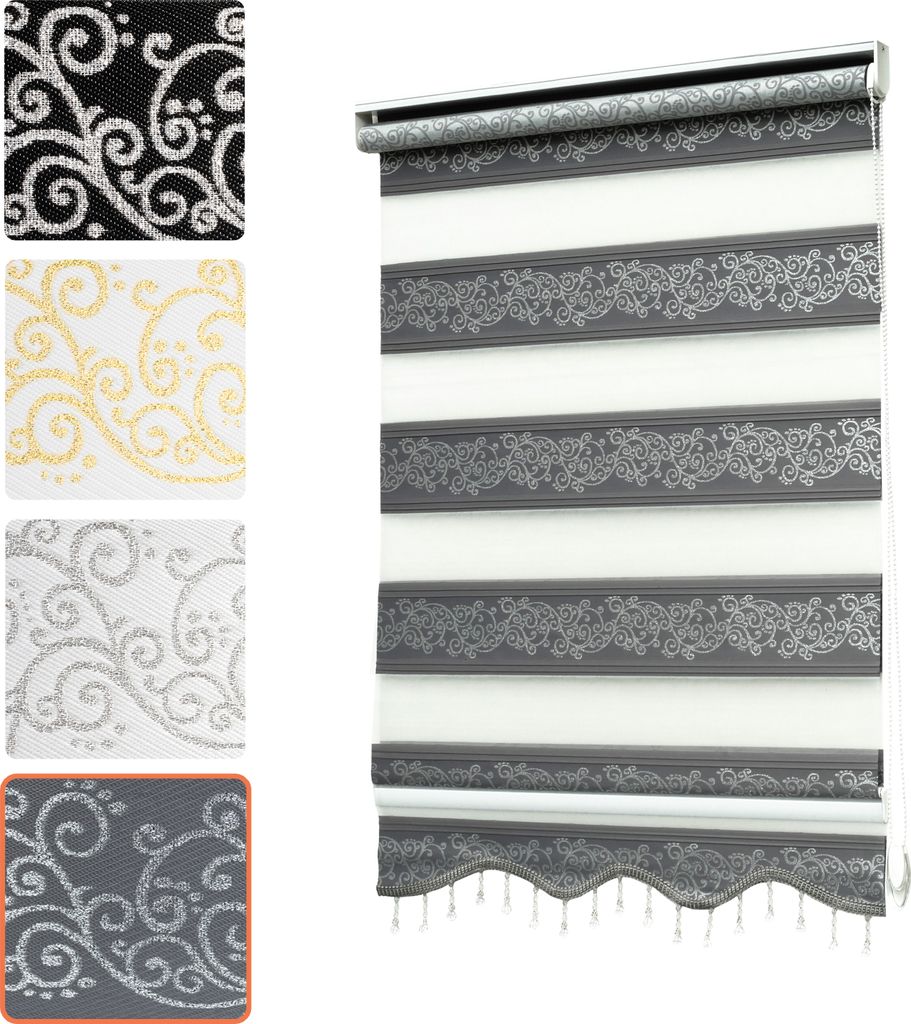 Doppelrollo Klemmfix ohne Bohren mit Perlen mit Volant Jalousien Gardinen Blumen Ranken Muster Grau Silber 90 x 200 cm (Stoffbreite 86cm)