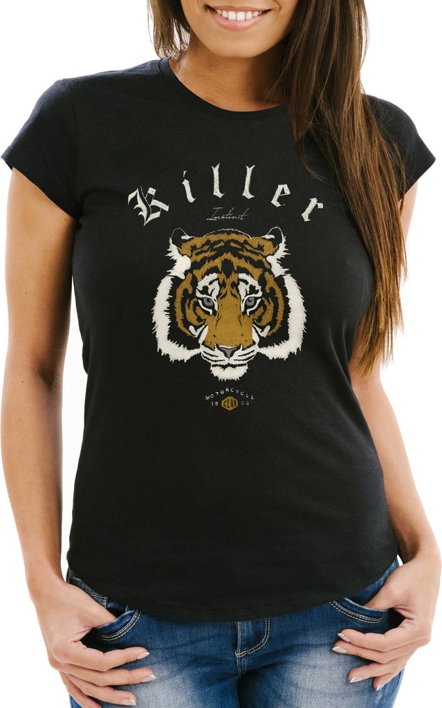 Damen T-Shirt Biker Killer Club Vintage Motorrad Tiger Slim Fit Neverless schwarz S