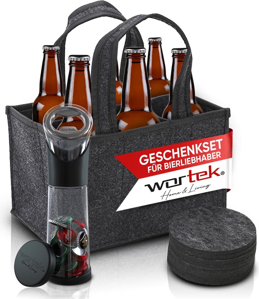 wortek Geschenkset Männer - Männerhandtasche aus Filz mit 6 Fächern + Flaschenöffner mit Auffangbehälter + Untersetzer Gläser 6er Set