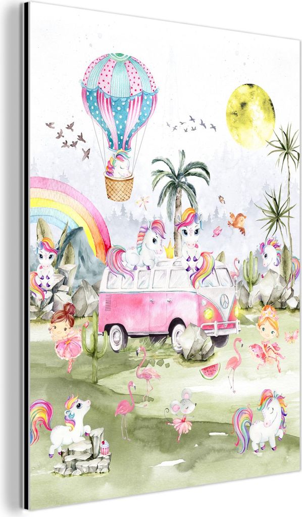 MuchoWow Wanddekoration Metall Metallbild Wandkunst 90x120 cm Einhorn - Regenbogen - Kinder - Mädchen - Auto MuchoWow Aluminium Gemälde - Industrial
