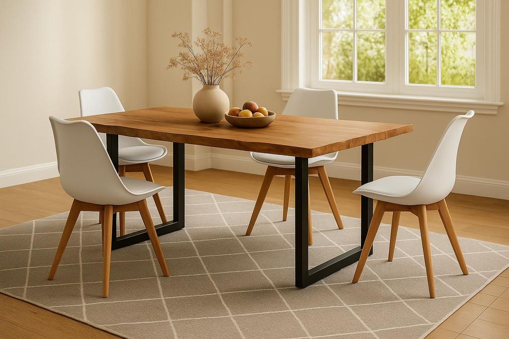 5-TLG. Essgruppe Quinn | Esstisch mit 4 Stühlen | 140x80 cm | Esstisch mit echter Baumkante | Akazienholz massiv + Naturfarben | U-Gestell Schwarz...