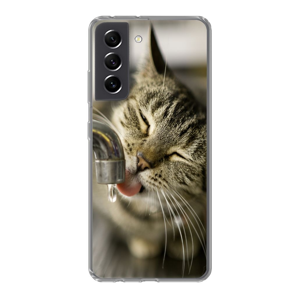 MuchoWow Handyhülle Schutzhülle Hülle für Samsung Galaxy S21 FE Katze - Wasserhahn - Getränk Silikon Softcase Handy Hülle - Mobiltelefonhülle