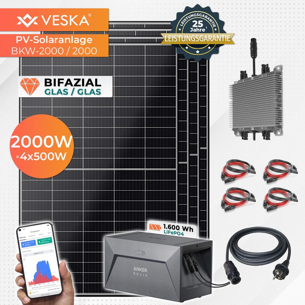Balkonkraftwerk 2000W Bifazial mit Speicher Anker Photovoltaik Glas/Glas Solaranlage Komplettset WIFI Smarte Mini-PV Anlage 2000 Watt