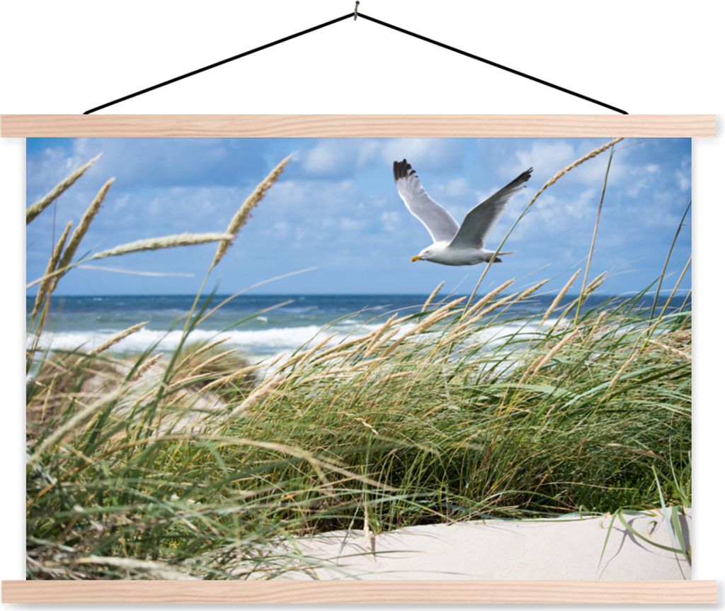 MuchoWow Textilposter Strand - Vogel - Pflanzen 60x40 cm mit holzfarbenen Rahmen - Bilder