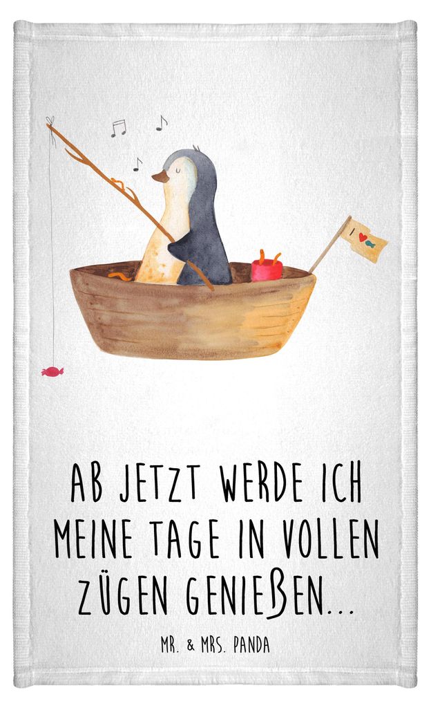 Mr. & Mrs. Panda Gästehandtuch Pinguin Angelboot - Weiß - Geschenk, Optimistisch, Handtuch Klein, Design, Boot, Kleines, Angeln, Trennung, Frotte...