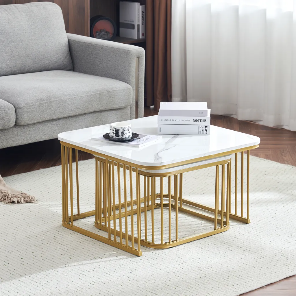 Table d'Appoint Haute Brillance Effet Marbre et Cadre Métal Robuste