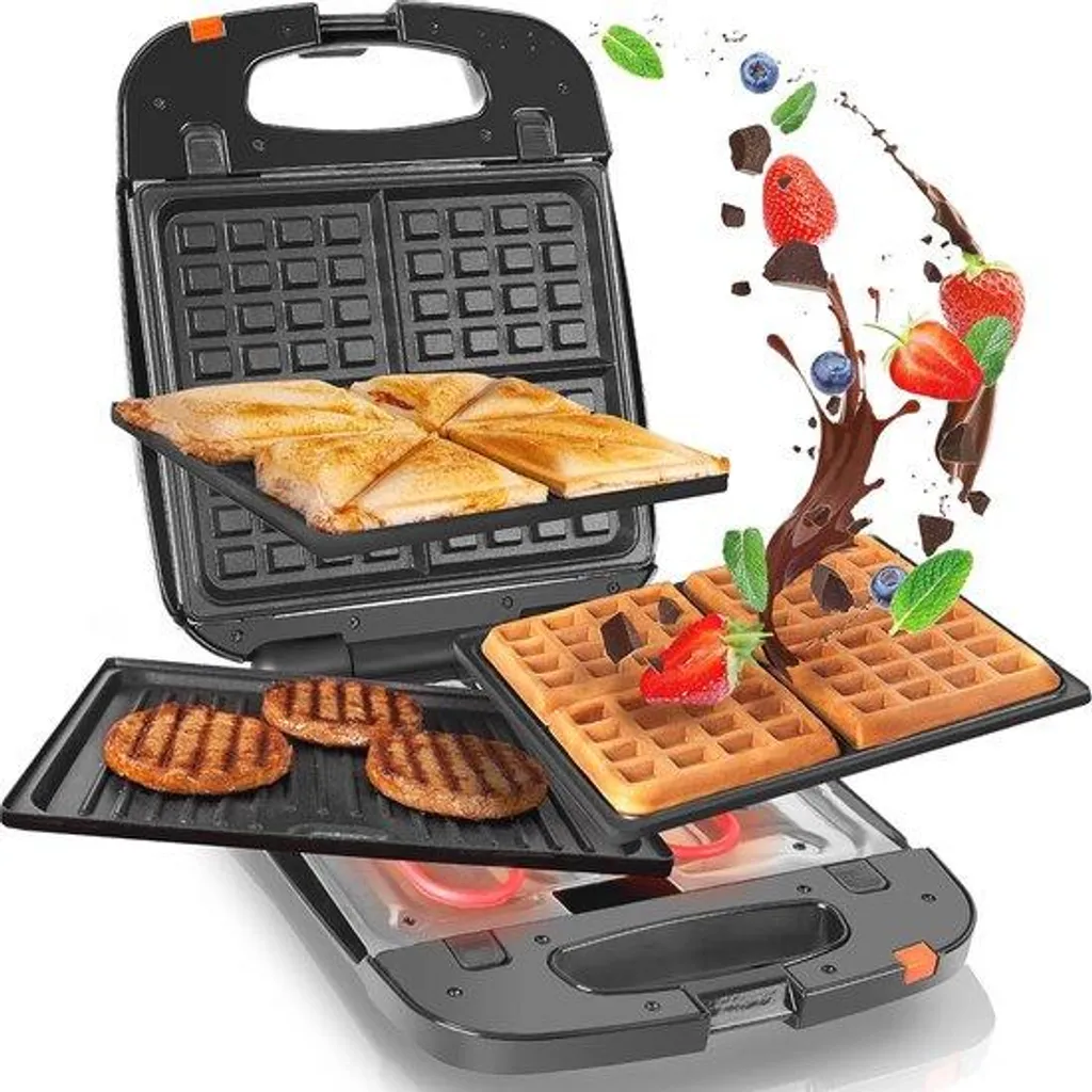 Appareil à gaufres et croque-monsieur 3-en-1 avec thermostat automatique