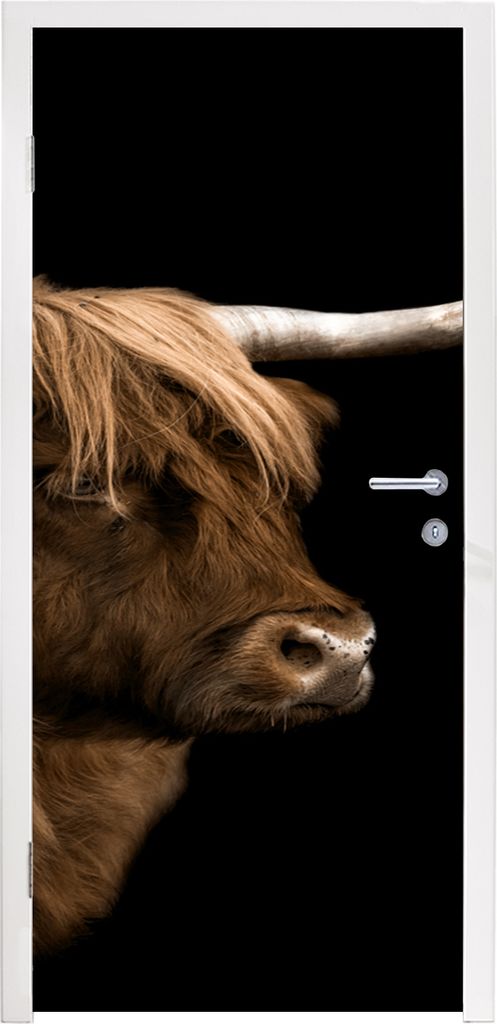 MuchoWow Türtapete Selbstklebende Türfolie Schottischer Highlander - Schwarz - Porträt 85x215 cm Türposter Türaufkleber Klebefolie Türklebe...