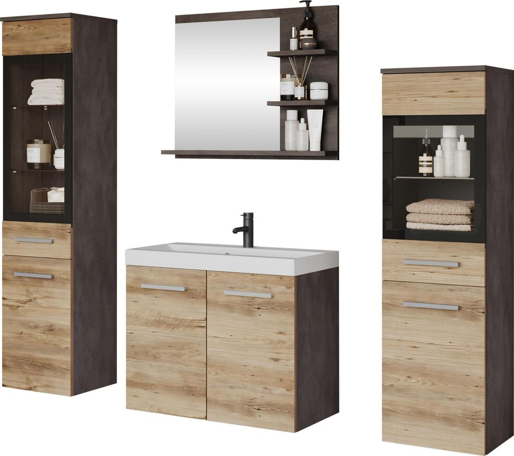 MIRJAN24 Badmöbel-Set Madrit I, Badezimmer-Set mit Spiegel und Waschbecken (Farbe: Matera / Kastanien Breslau, mit Siphon, ohne Beleuchtung)