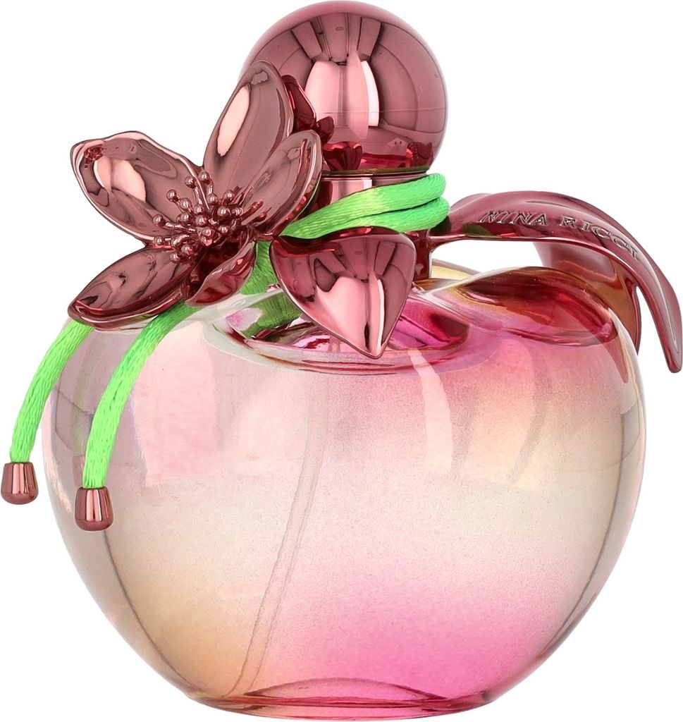 A perfume bottle with a floral design.