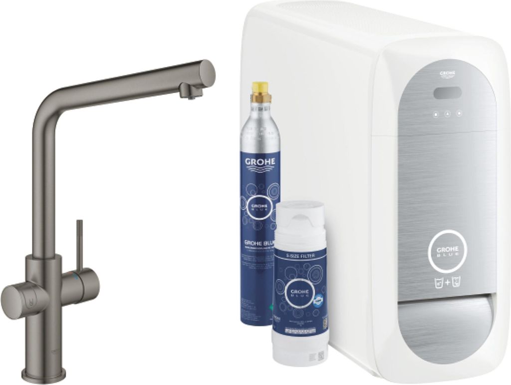 Grohe Blue Home Einhand-Spültischarmatur Starter Kit, Ausladung 221mm, L-Auslauf, mit Filter- und Kühlfunktion, 31454AL1