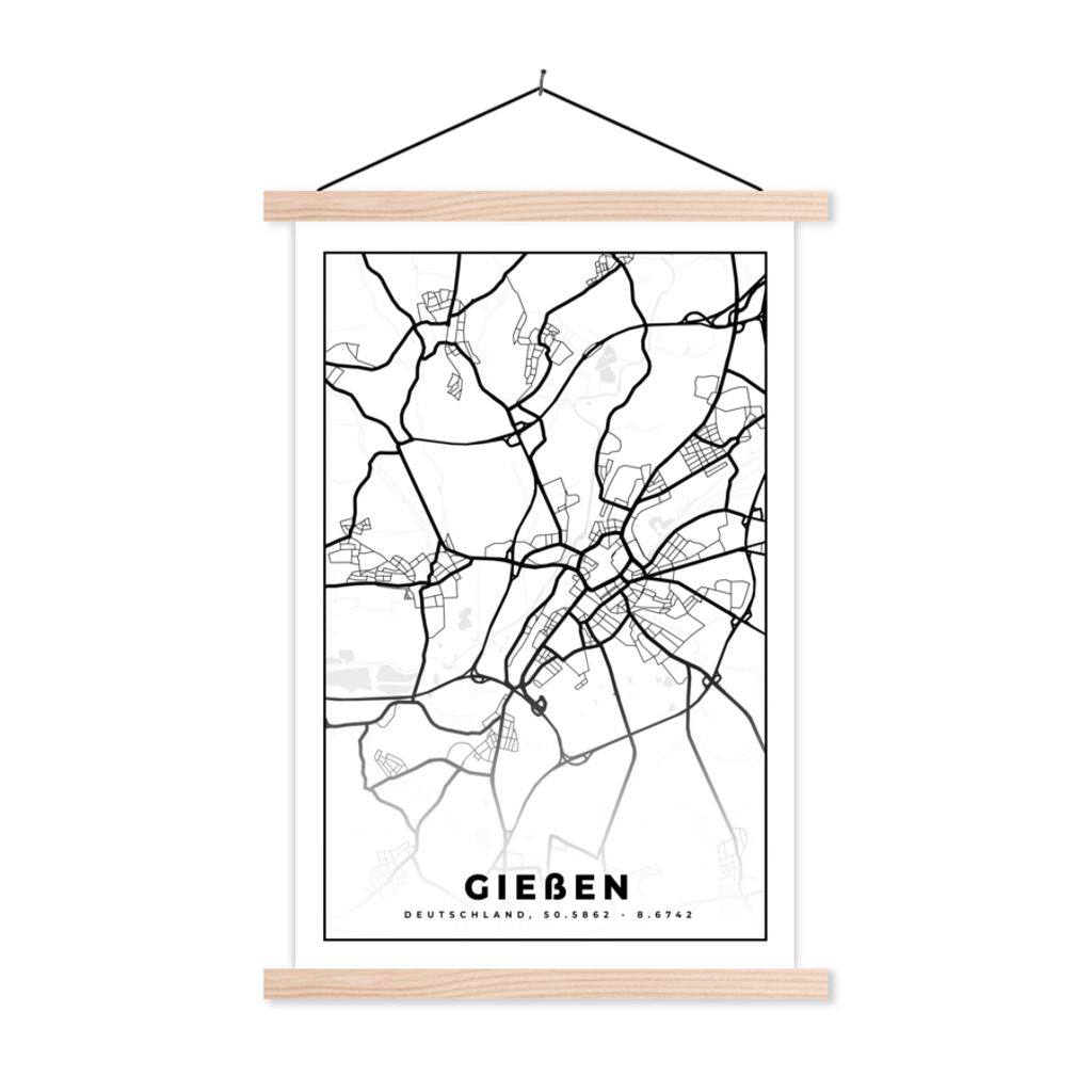 MuchoWow Textilposter Karte - Gießen - Stadtplan 120x180 cm mit holzfarbenen Rahmen - Textil-Plakat
