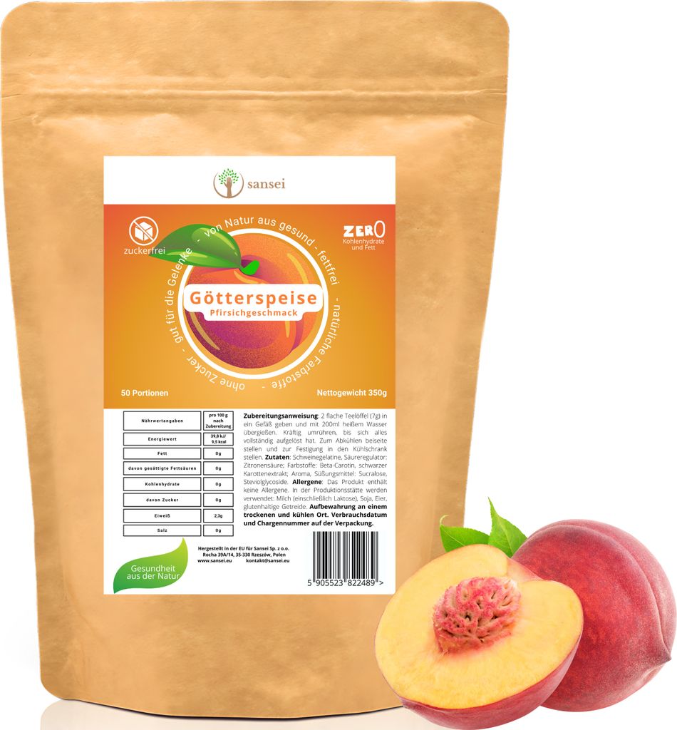 SANSEI Wackelpudding Götterspeise Pfirsich 350g bis zu 50 Portionen - Zuckerfrei, Glutenfrei, ohne Fett, keine Kohlenhydrate, Öko-Verpackung