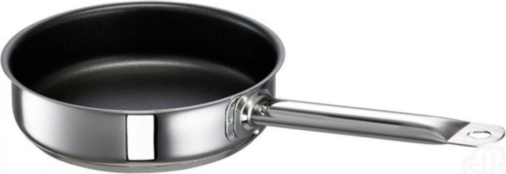 A single stainless steel saucepan with a black interior is shown against a white background.